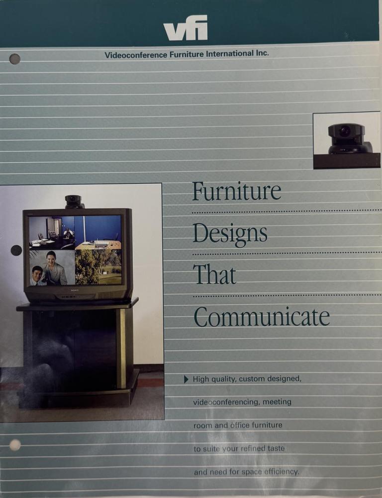 Original 1996 VFI brochure cover for Videoconference Furniture International, showing the company’s first videoconference furniture stand.